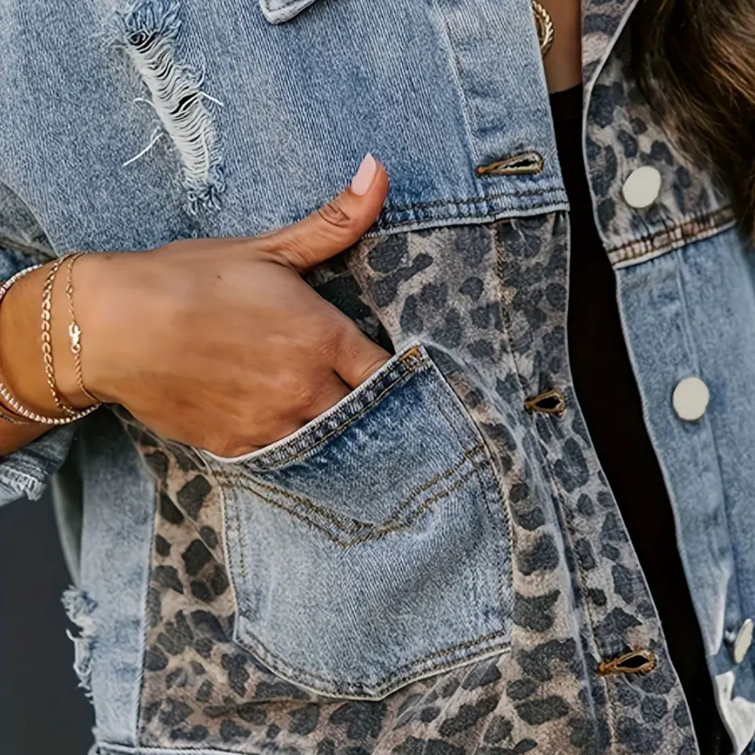 STELLA™ | TRENDY DENIM JACKET WITH LEOPARD PRINT