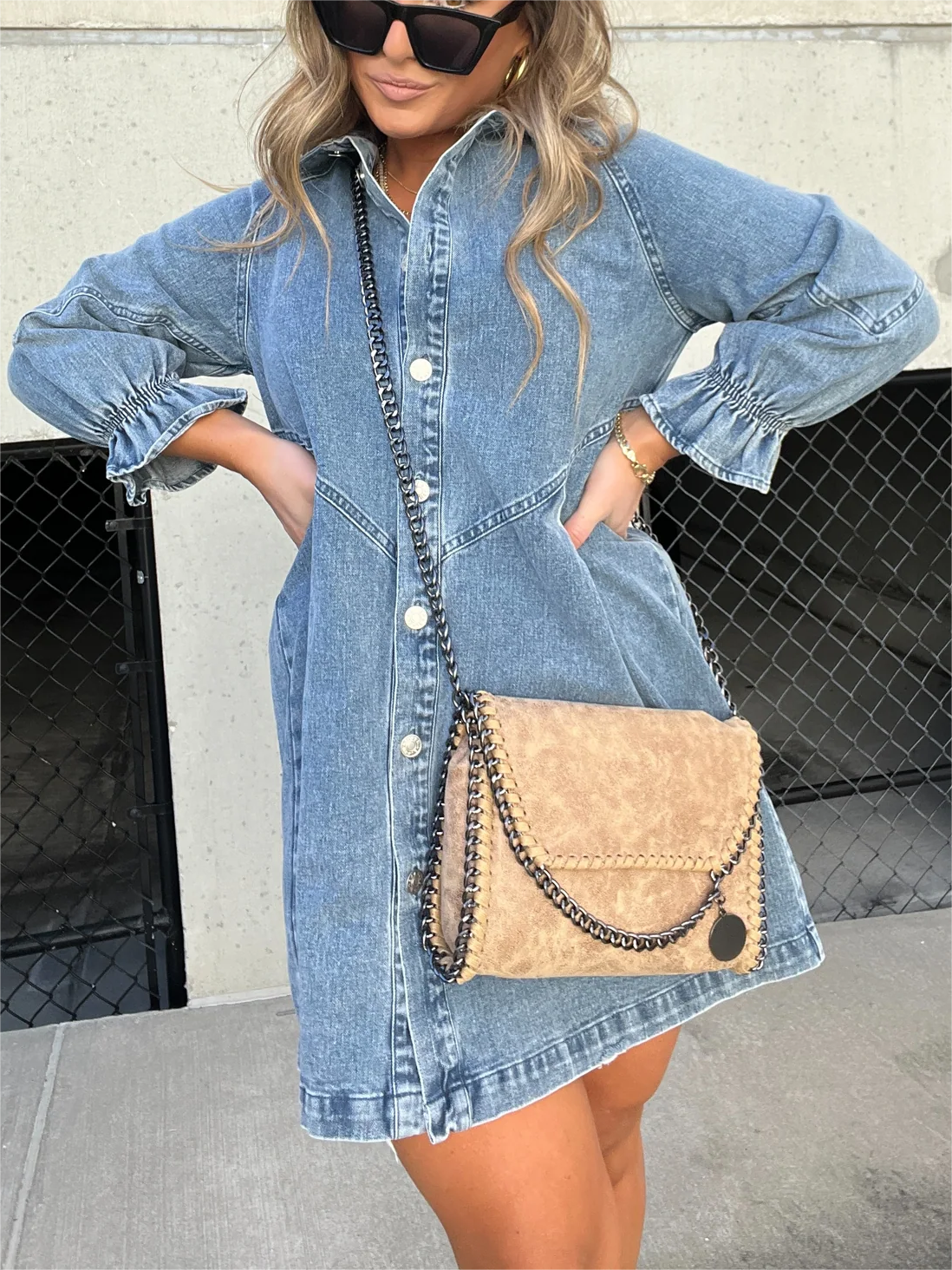 LUNA | WASHED DENIM DRESS WITH PUFF SLEEVES